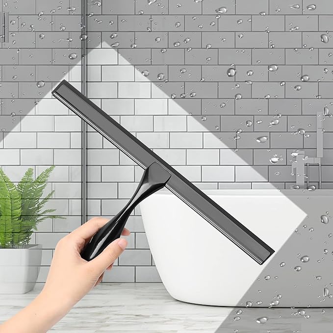 Simtive 14-Inch Shower Squeegee Set, Includes Shower Door Hook and Adhesive Hook, Squeegee for Shower Doors, Mirror and Window, Black