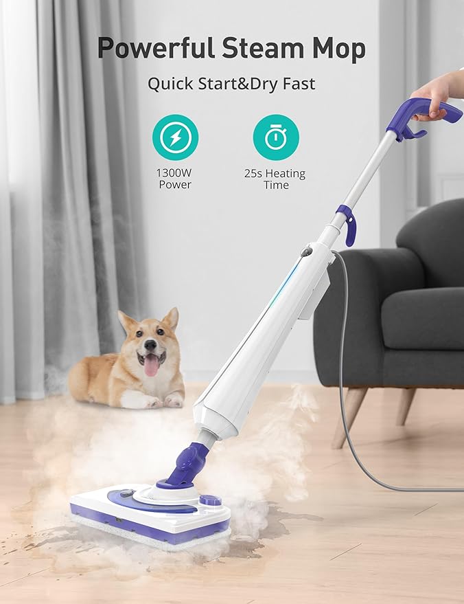 Professional Steam Mop Cleaner, 1300W Floor Steamer with Detergent Chamber, 25S Heat Up, Lightweight Steamer for Cleaning with 2 Washable Pads, Safe for Tiles, Upholstery, Carpet, Hardwood, Blue