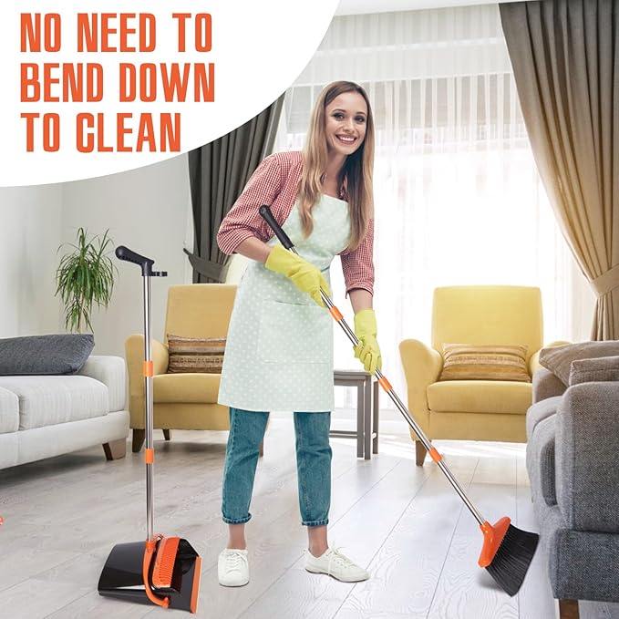 Broom and Dustpan Set with Long Handle, Light Weight Stainless Steel Poles Stand Upright Dustpans with Broom Combo for Home Kitchen Office Pet Dog Hair, Black & Orange Color, 1-Pack