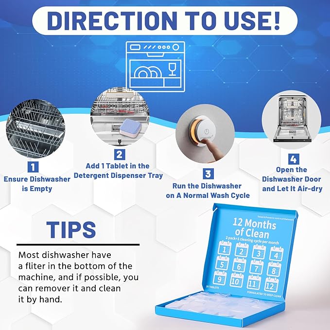 Dishwasher Cleaner＆Deodorizer Tablets, 24 Pack Deep Cleaning Descaler for Dishwasher, Natural Odor, Limescale, Grease, Smell Remover