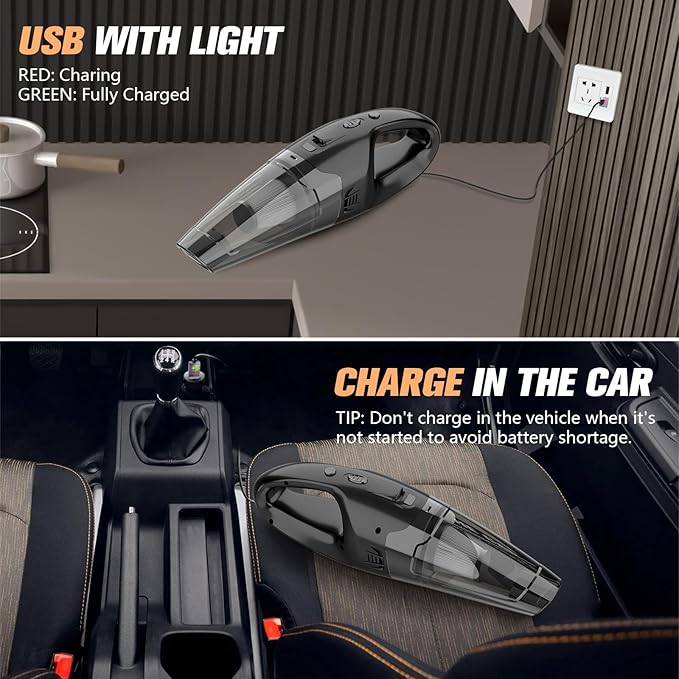BSRCO Handheld Vacuum Cordless Rechargeable with LED Light, Car Vacuum Portable Cordless, Hand Vacuum Cleaner Car Seats, Home, Quick Cleanup, Strong Suction, Lightweight（Marengo）