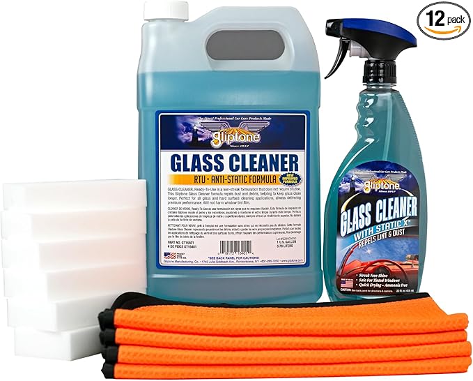 Gliptone Glass Cleaner Kit, Streak-Free Shine, Ammonia-Free, Quick Drying, 1 Gallon + 22 Fl Oz Glass Cleaner, 6 Glipscrub Sponges & 4 Softouch Waffle Microfiber Towels, Safe on Tint & Hard Surfaces