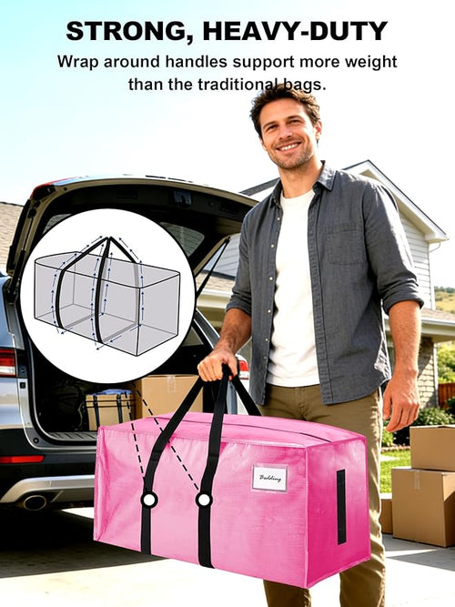 12 Pack Large Strong Moving Bags with Zippers & Carrying Handles - Water-Resistant - Heavy Duty Storage Tote for Space Saving, Fold Flat, Alternative to Moving Box (Pink)