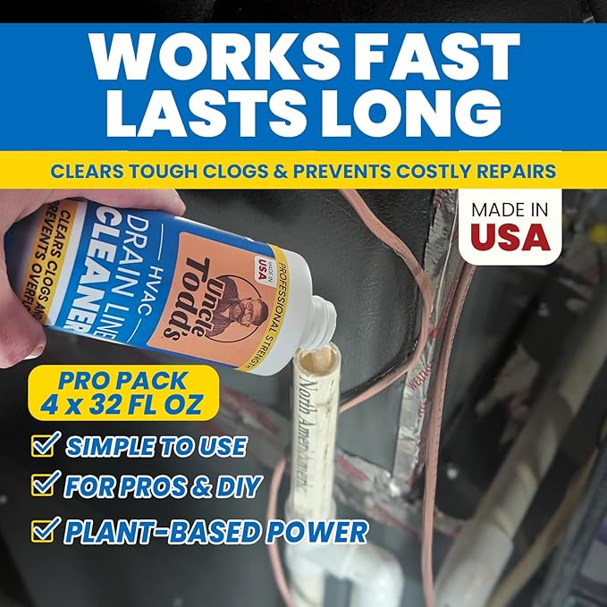 Uncle Todd's HVAC Drain Line Cleaner – 4pk of 32oz Bottles: Bleach-Free, Fast-Acting, Long-Lasting AC Drain Line Solution for Tough Clogs & Buildup