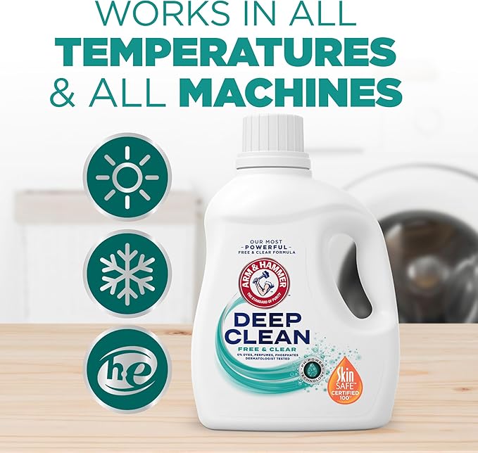 ARM & HAMMER Deep Clean Free & Clear Liquid Laundry Detergent, Free of Dyes, Perfumes and Phosphates, Suitable for Sensitive Skin, Dermatologist Tested, 102 Fl Oz, 68 Loads, (Pack of 2)