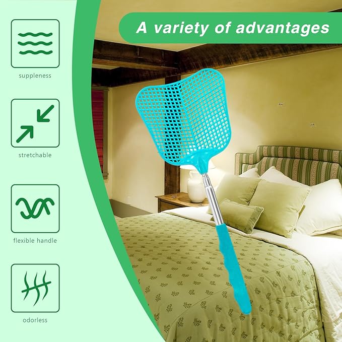 MYSTICHOME Fly Swatter 1 PCS, Durable Heavy Duty Plastic Fly Swatters, Stainless Steel Telescopic FlySwatter for Indoors/Outdoor/Kitchen/Garden (Blue)