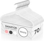 Smartor Velvet Hangers 70 Pack, White Non Slip Clothes Felt Hanger Heavy Duty for Coat, Premium Slim Space Saving Hangers for Closet Organizer and Storage, 360° Rotating Silver Hook