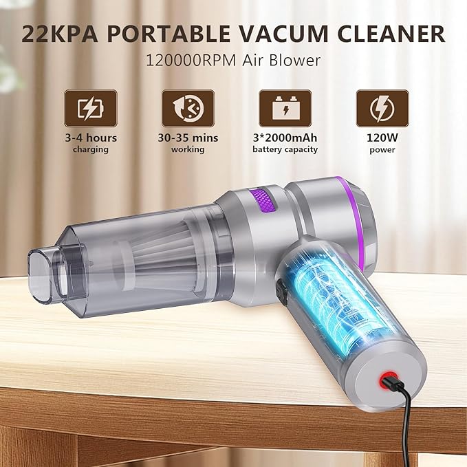 Handheld Vacuum Cordless, Car Vacuum Cleaner with 22000PA Brushless Motor, 4-in-1 Portable for Car Home, Vacuum & Blower, Inflator, HEPA, Pet Brush, LED Light, Type-C (Purple)