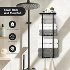 Towel Racks for Bathroom, 3 Tier Metal Towel Holder, with Shelf & 6 Hooks, 29 inch Wall Mounted Towel Storage, 6 Large Bath Towels Capacity,Small Bathroom Towel Rack for Rolled Towels, Black