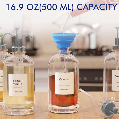 16.9 oz/500 ml Coffee Syrup Dispenser Set - 2 Glass Bottles with Silver Pumper and Syrup Labels - Precise Dispensing and Stylish Addition to Coffee Shop, Cafe or Home Bar
