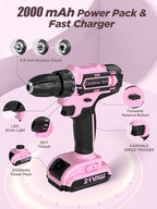 Pink Cordless Drill Set 142 Pcs, 21V Pink Power Drill Tool Set Kit with Storage Bag, Electric Drill Set for Women, Precision Screwdriver set, Magnetic Wristband, for Home DIY Projects