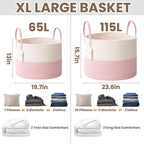 JMvicyroam 115L Extra Large Blanket Basket for Living Room - Woven Cotton Rope Laundry Hamper with Reinforced Handles - Storage Bin for Pillows, Comforters & Toys - Machine Washable,White&Pink