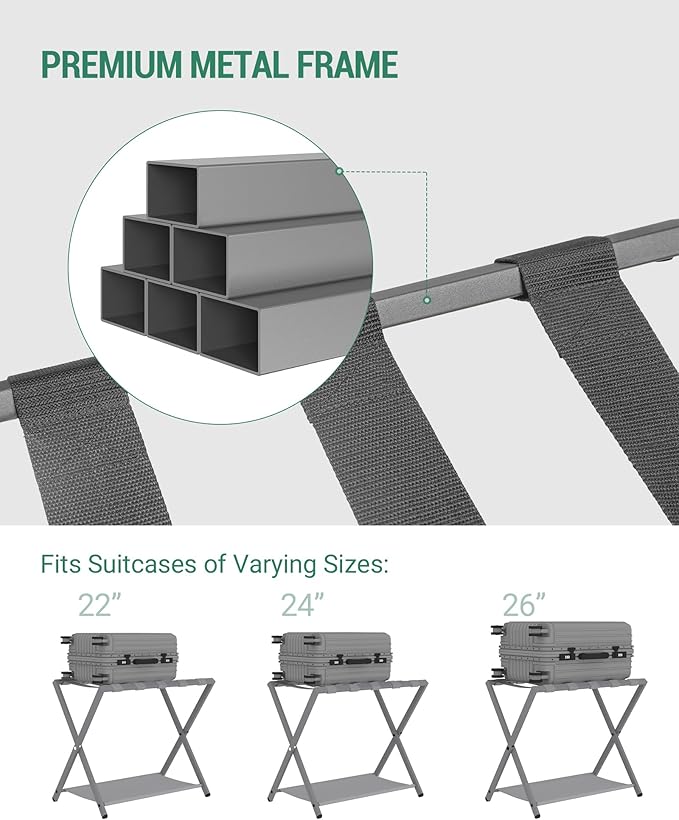 Hzuaneri Luggage Rack, Folding Suitcase Stand for Guest, Foldable, Luggage Holders with Shelf, Steel Frame with Nylon Straps for Bedroom, Hotel, Holds up to 154 lb, Grey, 2 Pack LR03999G