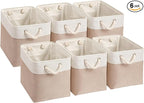 Mangata Canvas Storage Boxes, 11 Inch Cube Storage Bins Set of 6, Fabric Baskets with Cotton Rope Handle for Organizing Clothes Nursery Home (Khaki/White)