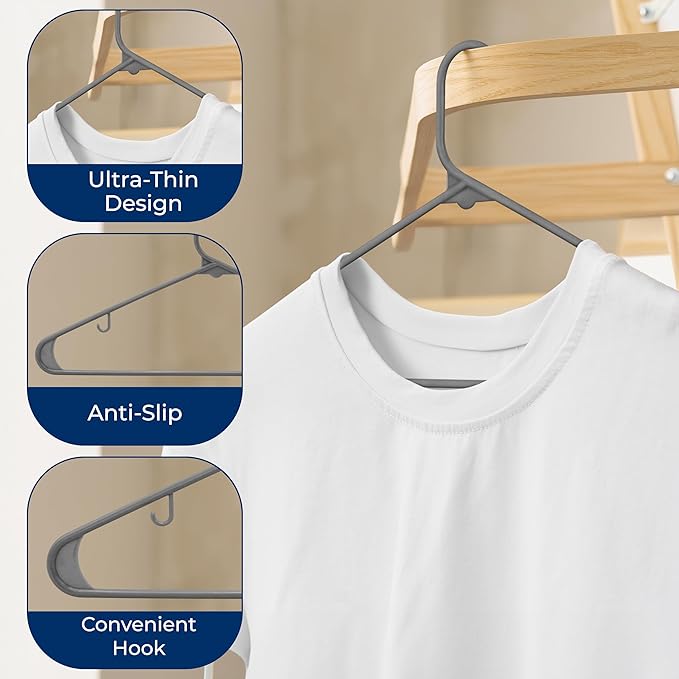 SereneLife 150 Pcs Plastic Hangers Gray – Ultra Lightweight Heavy Duty Non Slip Clothes Hanger Set for Coat Shirt Pants Closet Storage Organization Space Saving Durable Clothing Organizer – 11.88 lbs
