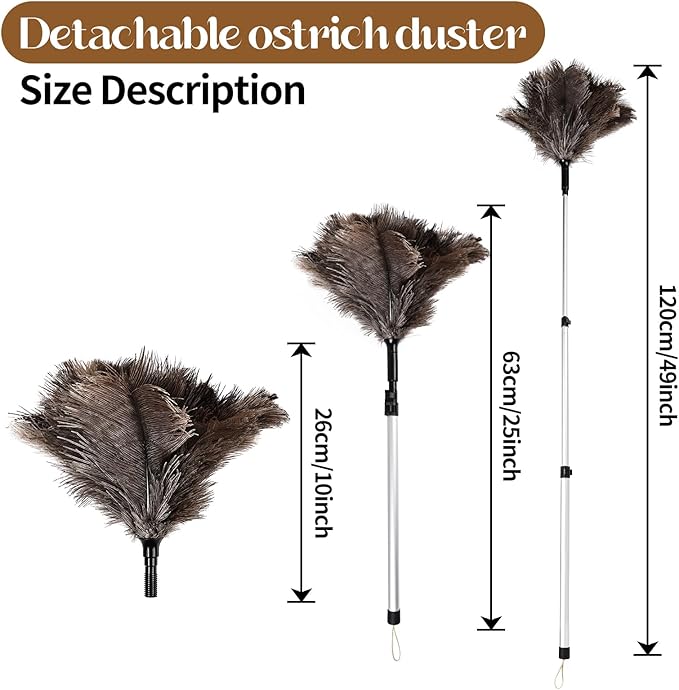 Extendable Ostrich Feather Duster up to 25-49 inches Fluffy Feathers Long Handle Reusable for Cleaning Ceiling Fan Pendant lamp Feather Duster 1pcs