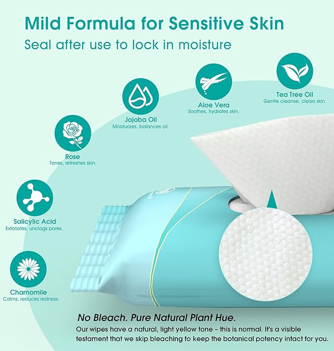 Facial Cleansing Wipes, Tea Tree Oil Extract for Face Cleansing, Salicylic Acid for Acne Treatment, Hydrating Pore Care for Sensitive Skin, Exfoliating & Soothing Double-Sided Cleansing Wipes (28PCS)