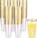 LIYH 100 Pcs Gold Plastic Cups - 16 oz Clear and Gold Rim Plastic Wine Cups, Big Size Fancy Disposable Party Cup Beverage Drinking Cup for Party & Wedding