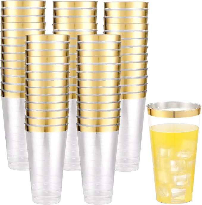 LIYH 100 Pcs Gold Plastic Cups - 16 oz Clear and Gold Rim Plastic Wine Cups, Big Size Fancy Disposable Party Cup Beverage Drinking Cup for Party & Wedding