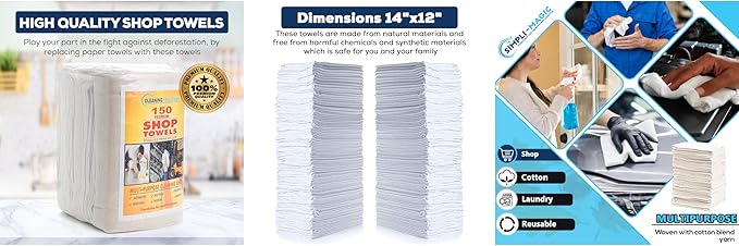 SIMPLI-MAGIC Cotton Shop Towels 14"x12" (145 Pack) – Reusable Cleaning Shop Rags for Automobiles, Industries, Garage and Homes (White)