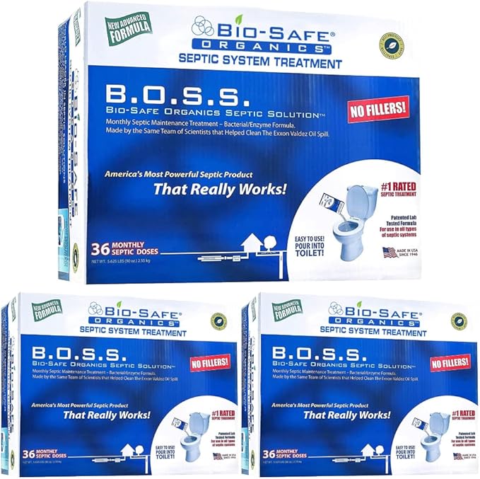 B.O.S.S. Bio-Safe Organics Septic Tank Treatment 36 Month Supply 2.5 oz Bags - Patented Bact Enzyme Exxon Valdez Septic System Monthly Maintenance Formula - Treats All Septic Systems - 3 Pack