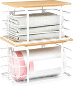 2 Pack Extra Large Stackable Pantry Organizer,Wall Mount Garbage Bag Holder Dispenser with Bamboo Top for Kitchen Laundry Room Organization,White
