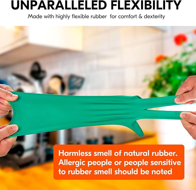 Vgo... 10-Pairs Reusable Household Gloves, Rubber Dishwashing gloves, Extra Thickness, Long Sleeves, Kitchen Cleaning, Working, Painting, Gardening, Pet Care (Size XL, Green, HH4601)