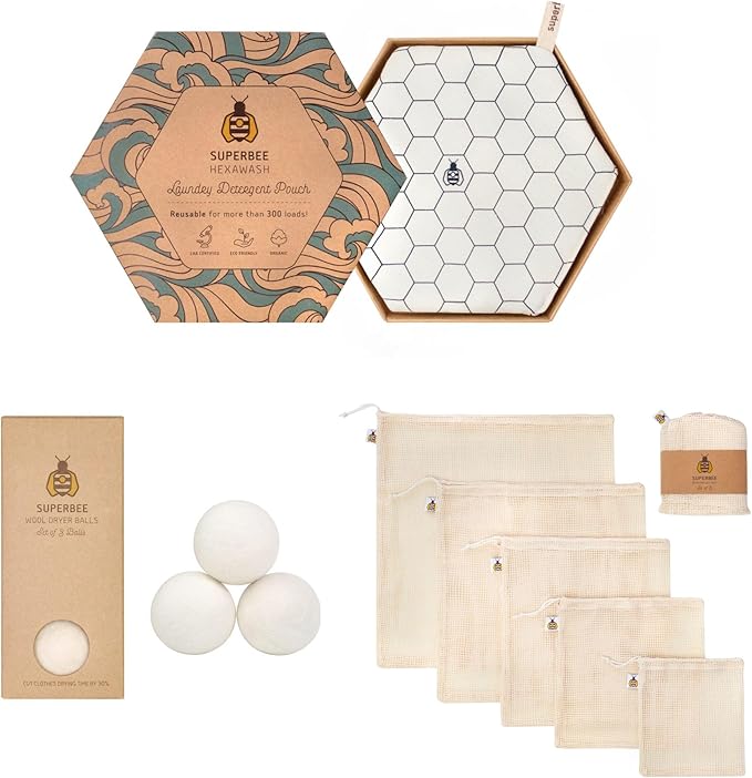 SuperBee Laundry Kit - Eco Laundry travel kit - Chemical Free Sensitive Skin Laundry - Laundry alternative 300 loads - 3 Wool Dryer Balls - Natural Fabric Softener - Cotton mesh laundry bags set