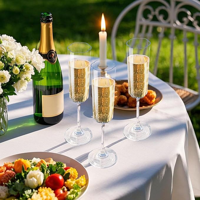 Ciaell 24 Pack Plastic Champagne Flutes - 6 Oz Flower Wavy Champagne Plastic Glasses - Heavy Duty Vintage Disposable Flutes for Party & Anniversary & Wedding