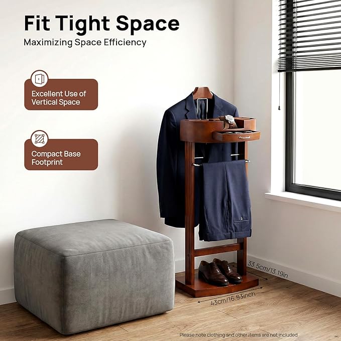 Wood Men Valet Stand with Drawer, Standing Suit Valet Stand, Clothes Organizer Rack for Home Entryway Living Room Bedroom Office, 22lbs Load Capacity(Brown)