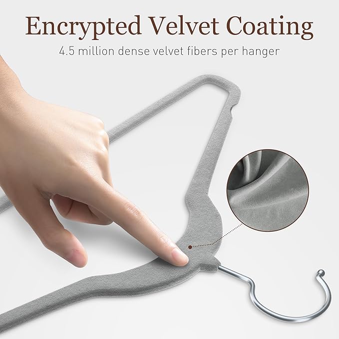 Velvet Hangers 50 Pack, Slim Non-Slip Clothes Hangers Space-Saving for Closet, Heavy Duty for Pants, Coats, Skirts, Jeans, Sweaters and More, Nylon-Flocked, Grey
