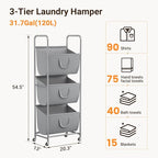 ELYKEN 120L Vertical Rolling Laundry Hamper with Removable Bags, 3 Section Laundry Baskets with Wheels, Space-Saving 3 Tier Laundry Sorter for Small Spaces, Dorm, Bedroom, Bathroom, Laundry Room