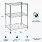 Honey-Can-Do 3-Tier Heavy-Duty Adjustable Shelves, Metal Storage Rack with 250-lb Shelf Capacity, Chrome, 14" W x 24" L x 30" H