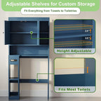 Over The Toilet Storage Cabinet with 7 Shelves, Imitation Walnut Grain Above Toilet Bathroom Organizer with Toilet Paper Holder Stand, Space Saver for Restroom, Laundry, Bathroom (Navy Blue)