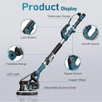 GEVEELIFE Drywall Sander, 880W 7.33A Electric Drywall Sander with Vacuum Dust Collector, 5 Variable Speed 1000-2100RPM, LED Light, Foldable & Extendable Handle, 12 Sanding Discs