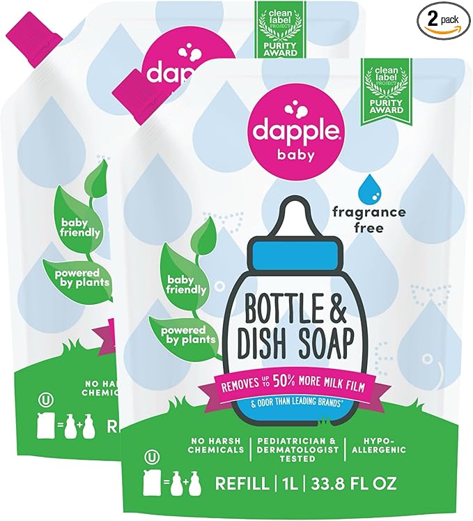 Dapple Baby Bottle Soap, Hypoallergenic Dish Soap for Baby Bottles, Powered by Plants, Fragrance Free, 34 Fl Oz (Pack of 2)