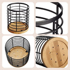 WDT Tool Utensil holder for Kitchen Counter - 5.2" x 5.2" x 6" Large Round with Wooden Base Matte Black Cooking Utensil Holder Utensil Organizer (Metal+Bamboo)
