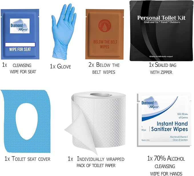 pH Advantage 3 x Personal Toilet Kit | Public Restroom Kit | Toilet Paper, Toilet Seat Cover, Butt Wipes, Cleansing Wipes (Black)