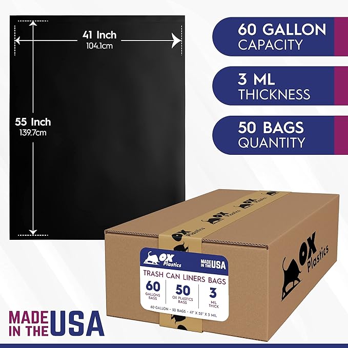 Ox Plastics Trash Can Liners Bags - 60 Gallon Capacity & 3mil Thick Extra Heavy Duty Strength - 50 Large Garbage, Leak-Proof & Durable, House & Commercial Use Bags Black