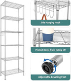 Homdox 6-Tier Storage Shelf Wire Shelving Unit Free Standing Rack Organization with Adjustable Leveling Feet, Stainless Side Hooks, Silver