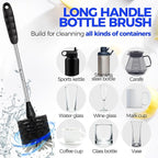 Holikme Bottle Brush Cleaner Set, 14" Long Handle Stainless Steel Bottle Cleaner Brush, 3 Straw Cleaner Brush, Bottle Cleaning Brush for Water Bottle, Cups, Abrasive Wheel Brushes, Straws Black