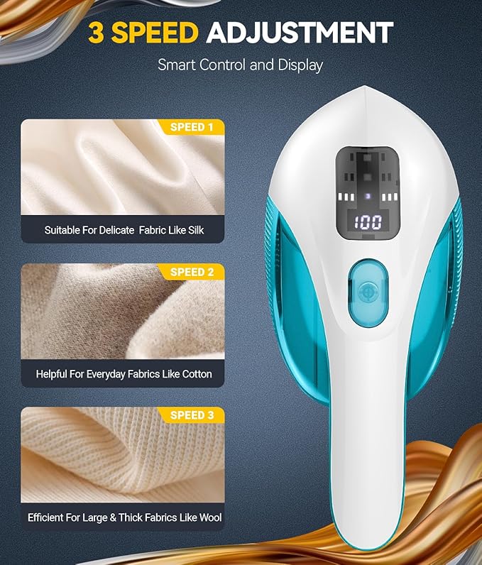 Rechargeable Fabric Shaver and Lint Remover, 3-Speed Adjustable Sweater Shaver with 6-Leaf Replaceable Stainless Steel Blades, 2.6Inch Large Mesh, Removable Bin for Clothes Fuzz, Lint, Pills, Bobbles
