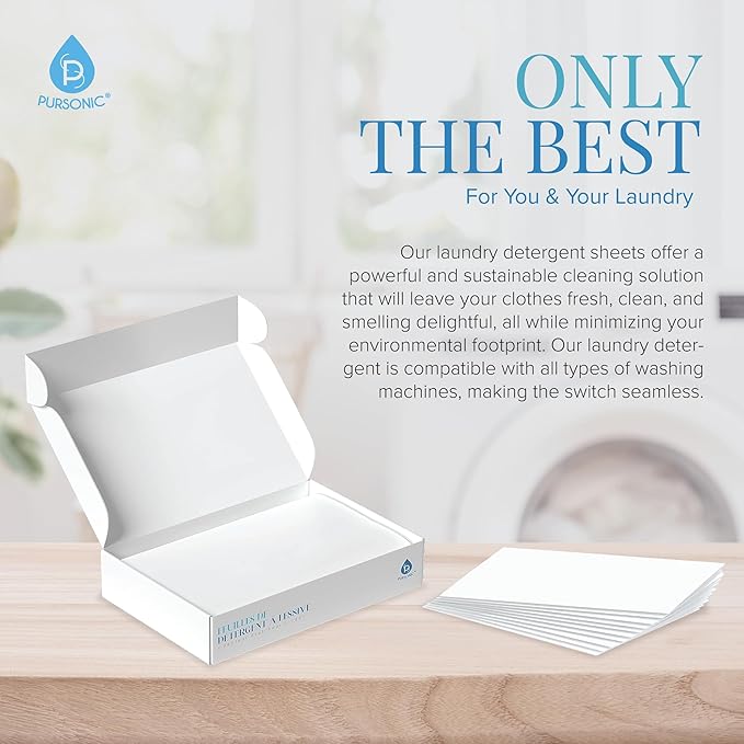 Pursonic Eco Laundry Detergent Sheets - 60 Sheet (120 Loads) Natural Zero Plastic Laundry Sheets with Powerful Cleaning Power - Travel Essentials, Quick-Dissolving & Mess-Free (Fresh Linen)
