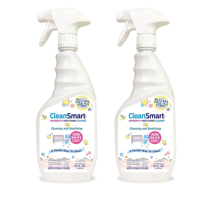 CleanSmart Nursery & High Chair Cleaner, 23 Ounce Bottle (Pack of 2), Hypochlorous Naturally Kills 99.9% of Viruses like RSV & Flu with Zero Residue