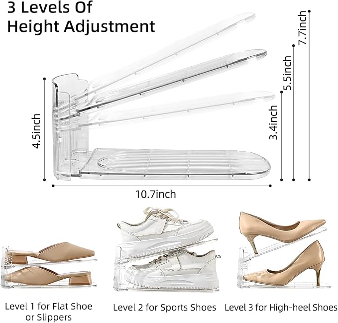 shoe slots organizer, Clear Shoe Stacker, Adjustable Level Shoe Rack,Storage Space Saver for Sneakers Display (Transparent, 10Pack)
