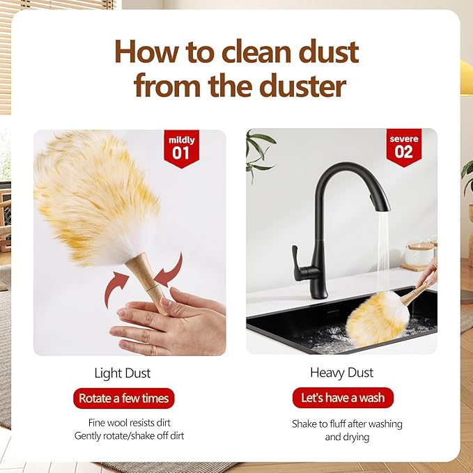 Lambswool Duster for Cleaning with Solid Wooden Handle Leather Hang Strap 14.9 inch Natural Feather Duster for Cleaning Ceiling Fans Window Blinds Computer Furniture(2 Pack)