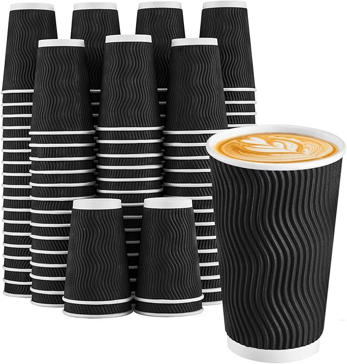 Lamosi Disposable Coffee Cups 16 OZ 90 Pack, Paper Coffee Cups 16 OZ for Hot Drinks or Cold Beverages, Insulated Corrugated Ripple Wall Cup No Lids for Office, Cafe, Home or Travel (Black)