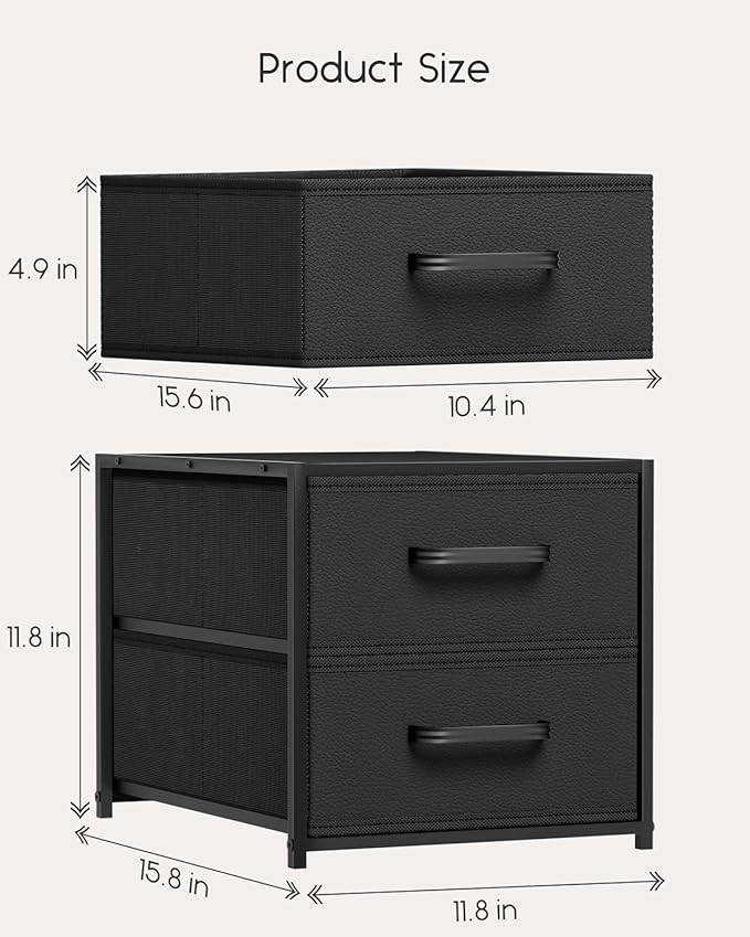 Homsorout Stackable Storage Drawers - 2 Tier Closet Drawers, Closet Organizer with Metal Handles, Night Stand with Collapsible Bins, Fabric Dresser for Bedroom, Dorm, Office, Black, 1 Pack