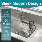 COOL-ANGLE Corner Sink Drying Rack, 16"x9.5" Rust-Proof Aluminum Triangular Dish Drainer, Heat Resistant Roll Up Mat for Kitchen Counter, Sponge Holder & Organizer with Non-Slip Silicone Base, Gray