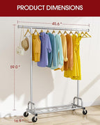 Sakugi Clothes Rack - Large-Capacity Clothing Racks for Hanging Clothes with Lockable Wheels, Space-Saving Metal Coat Rack for Bedroom, Laundry Room, Entryway, 45.6" x 16.9" x 59", Silver